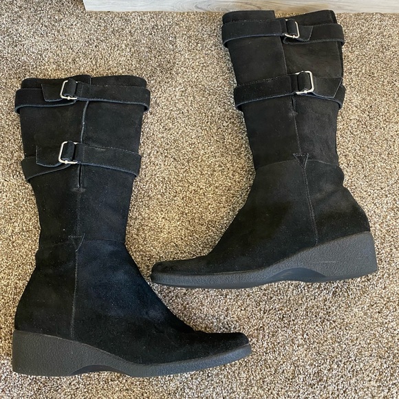 Etienne Aigner Tall Signature Suede Buckle Wedge Boots Size 10 Leather - Picture 3 of 14